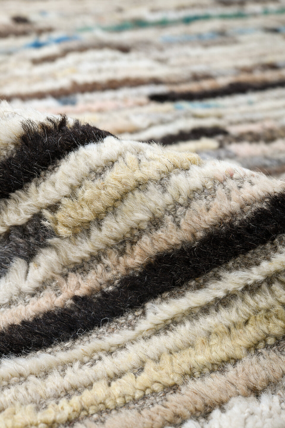 11' x 13' one-of-a-kind handmade vintage Tulu oversize rug. Color palette: ivory, taupe, brown, charcoal, blue, blush, cream