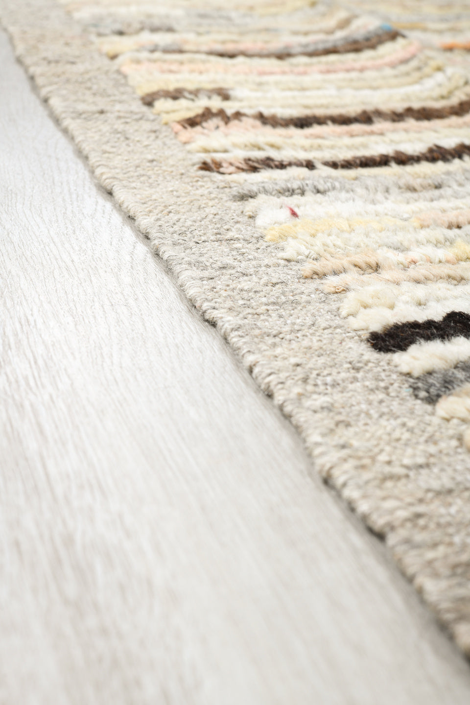 11' x 13' one-of-a-kind handmade vintage Tulu oversize rug. Color palette: ivory, taupe, brown, charcoal, blue, blush, cream