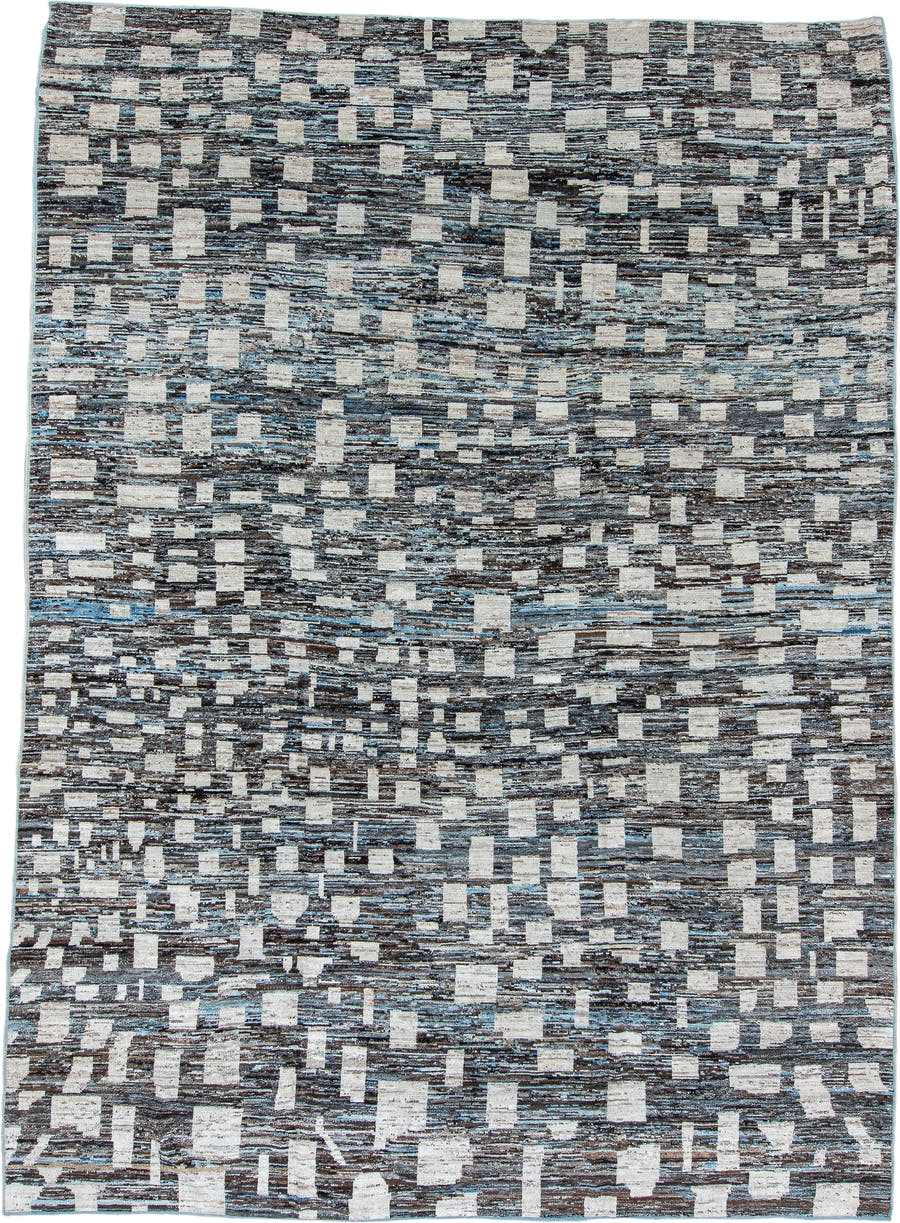 10' x 14' one-of-a-kind handmade vintage Tulu large size rug. Color palette: charcoal, ivory, slate, sky blue, taupe, gray