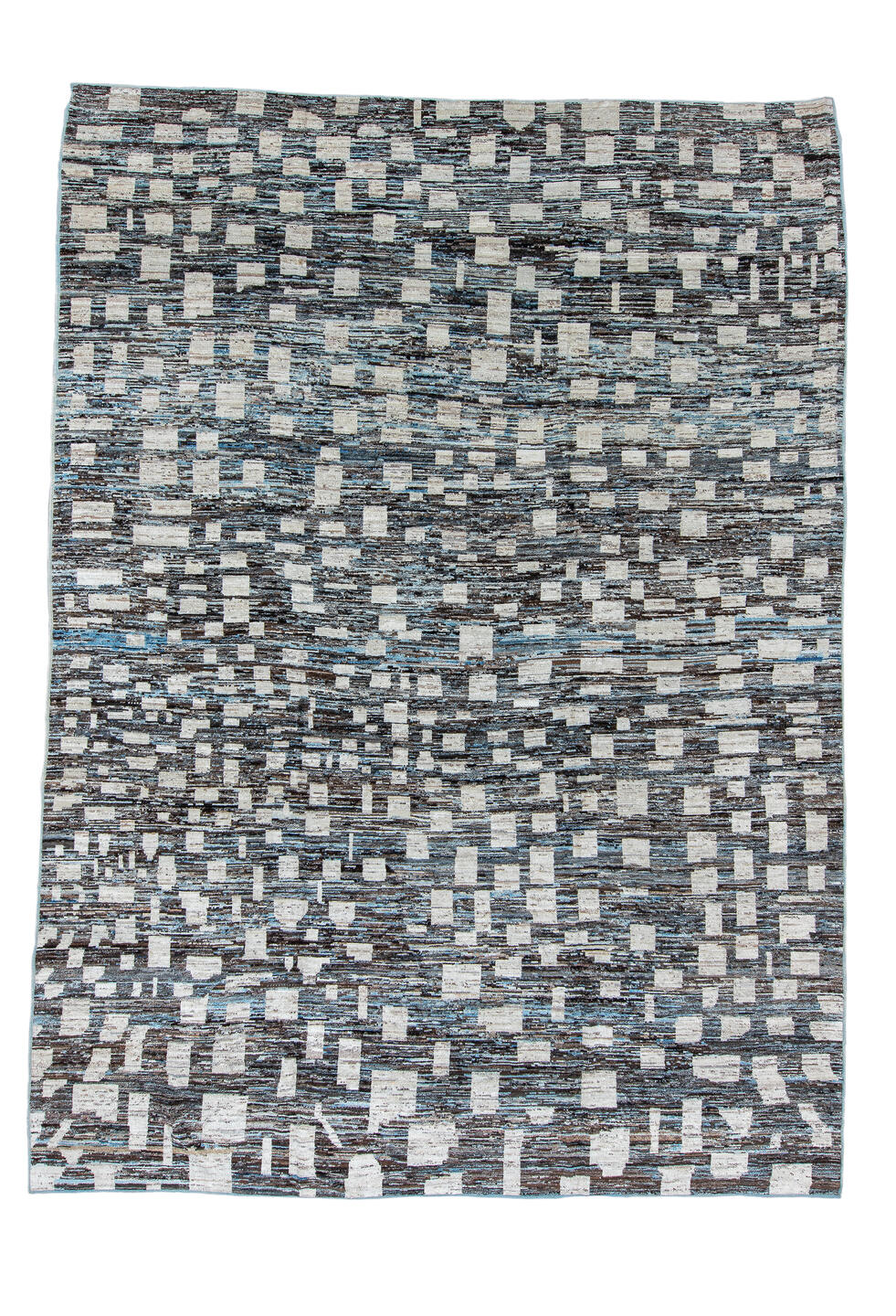 10' x 14' one-of-a-kind handmade vintage Tulu large size rug. Color palette: black, blue, charcoal, dark gray, dim gray