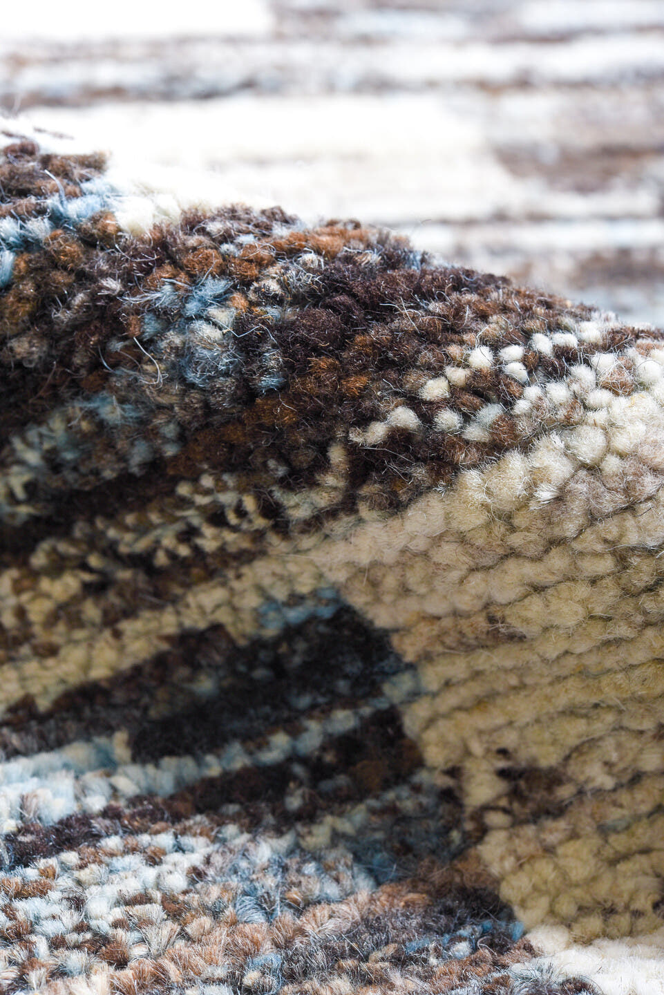 10' x 14' one-of-a-kind handmade vintage Tulu large size rug. Color palette: charcoal, ivory, slate, sky blue, taupe, gray