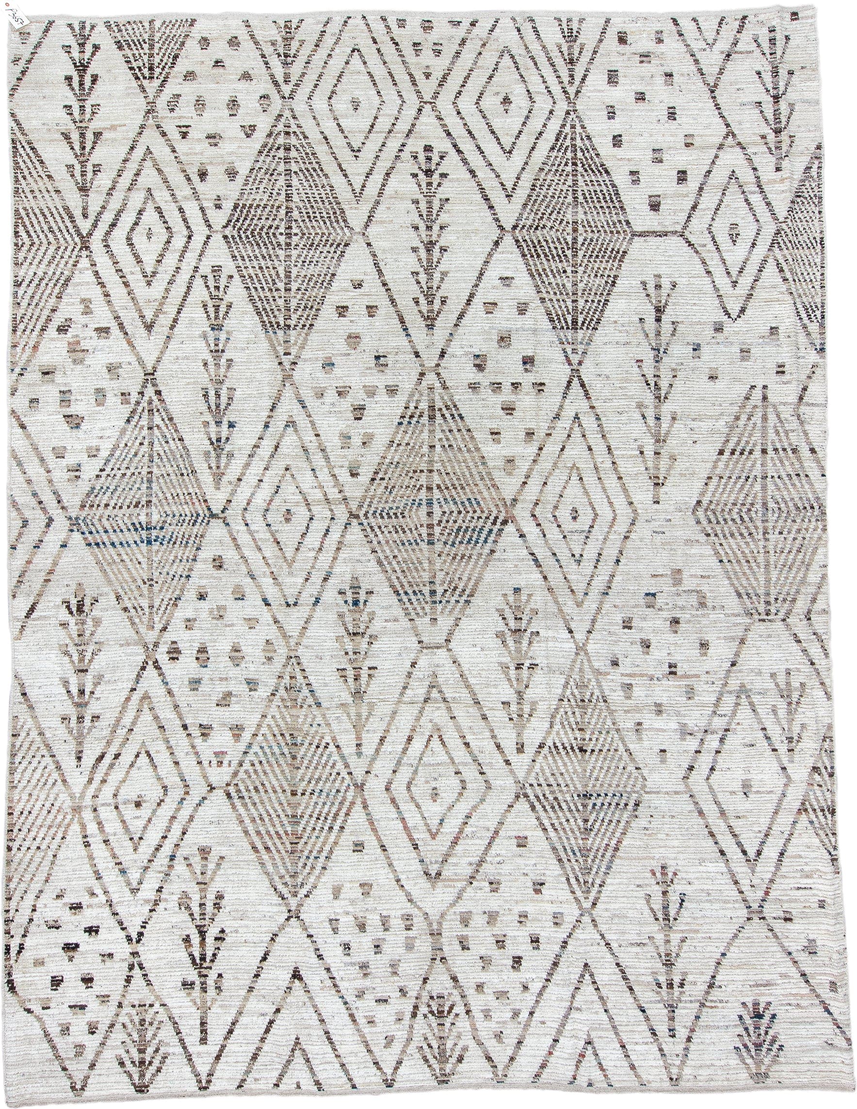 10' x 13' one-of-a-kind handmade vintage Tulu large size rug. Color palette: ivory, taupe, brown, charcoal, slate