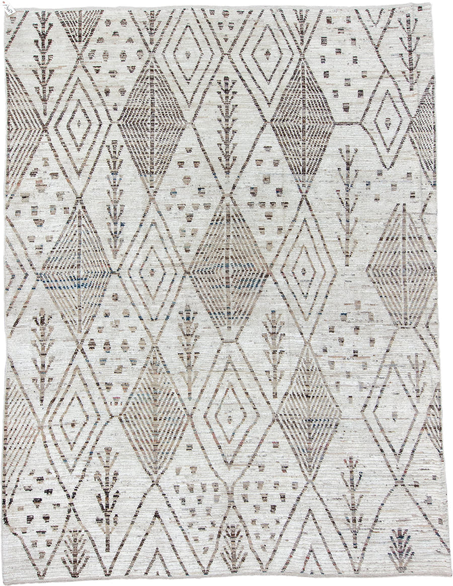10' x 13' one-of-a-kind handmade vintage Tulu large size rug. Color palette: ivory, taupe, brown, charcoal, slate