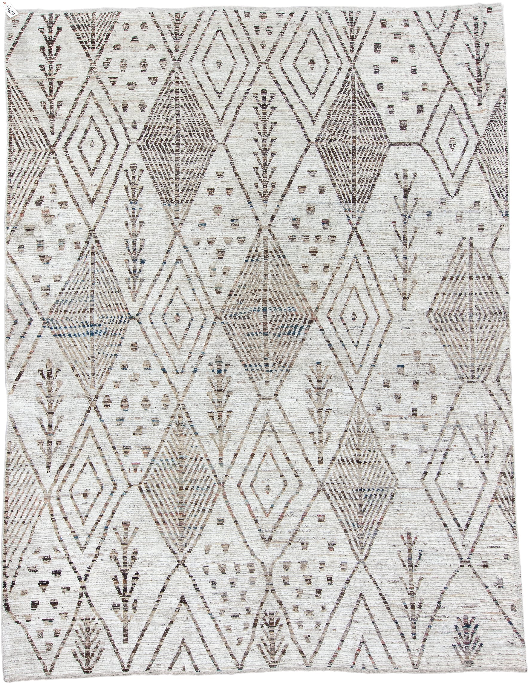 10' x 13' one-of-a-kind handmade vintage Tulu large size rug. Color palette: ivory, taupe, brown, charcoal, slate