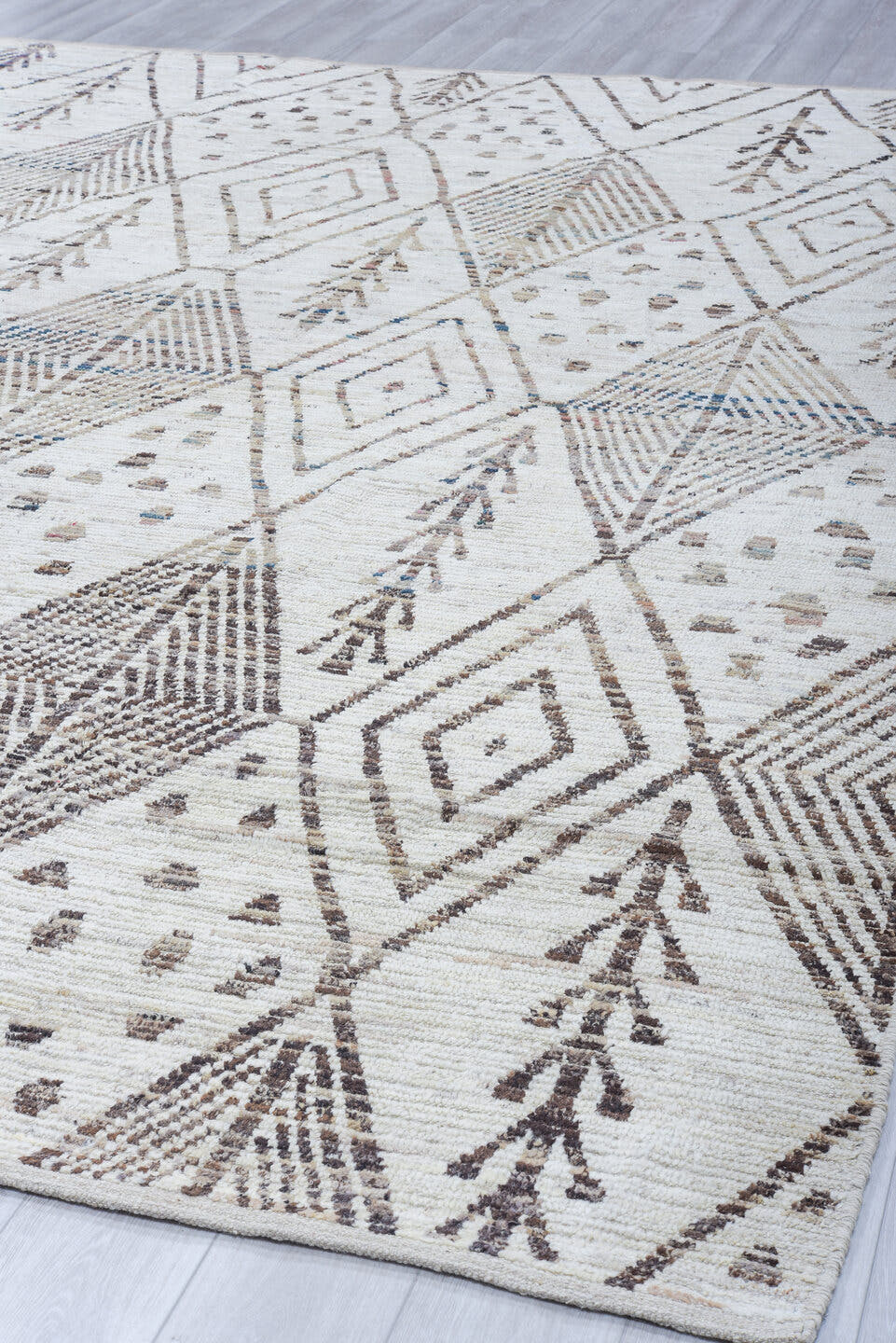 10' x 13' one-of-a-kind handmade vintage Tulu large size rug. Color palette: ivory, taupe, brown, charcoal, slate