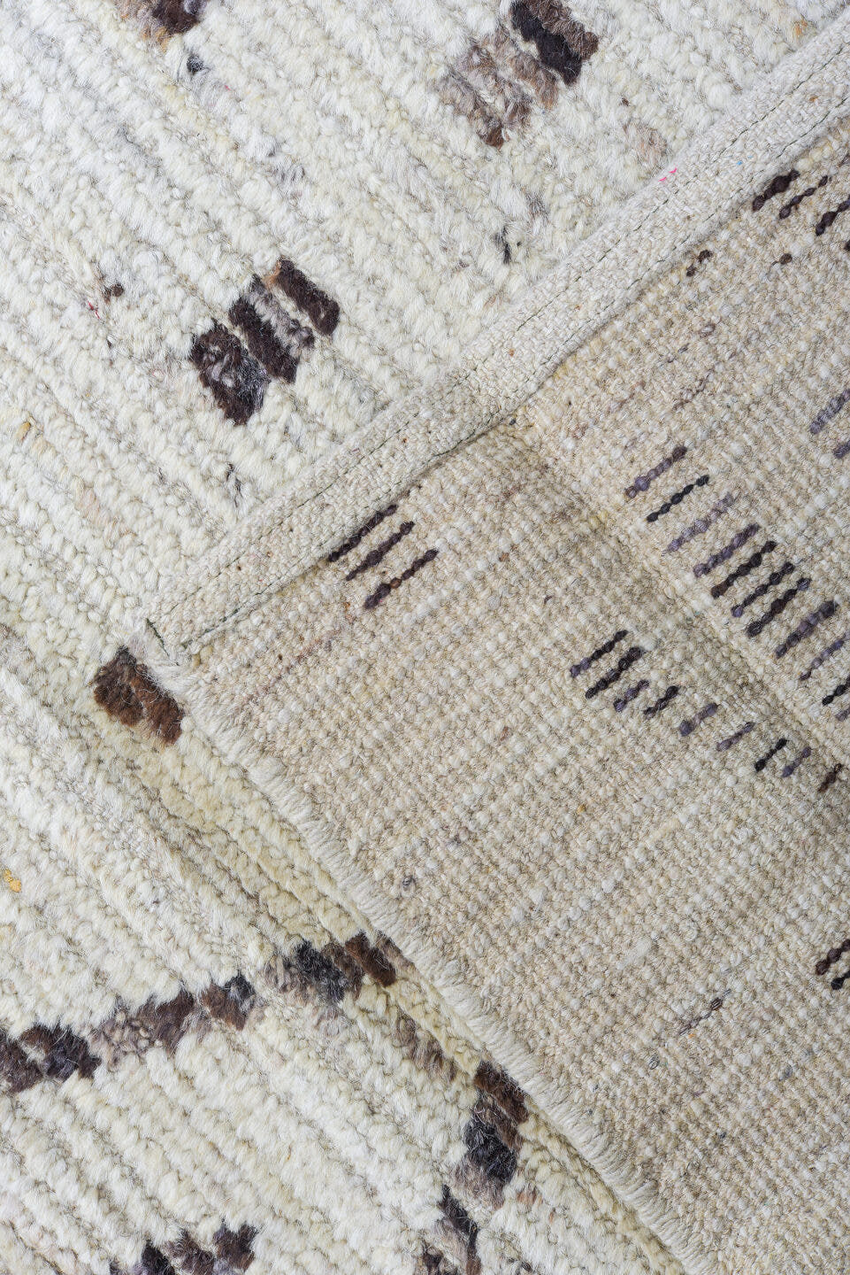 10' x 13' one-of-a-kind handmade vintage Tulu large size rug. Color palette: ivory, taupe, brown, charcoal, slate