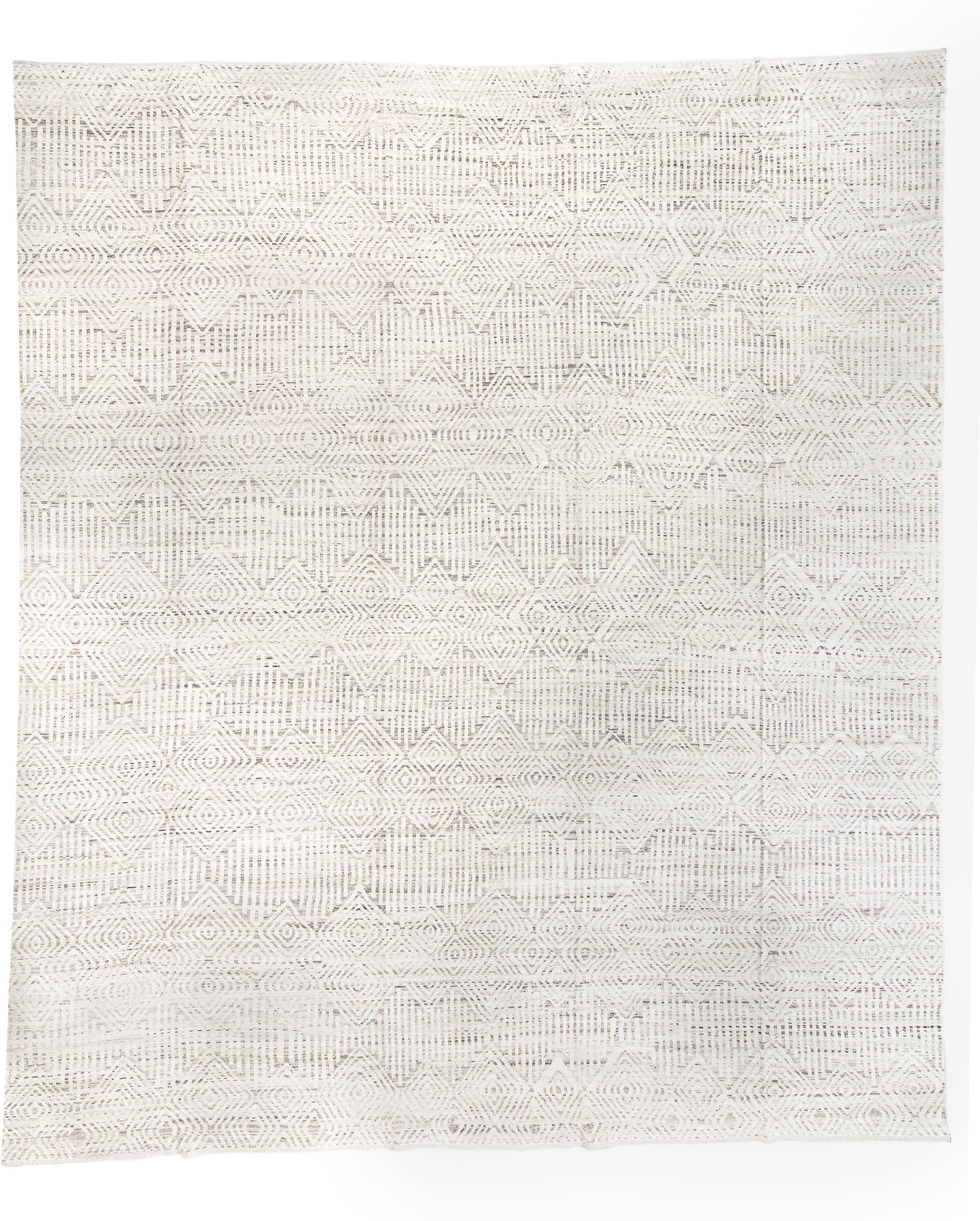 15' x 18' one-of-a-kind handmade vintage Tulu oversize rug. Color palette: ivory, cream, beige, taupe, gray