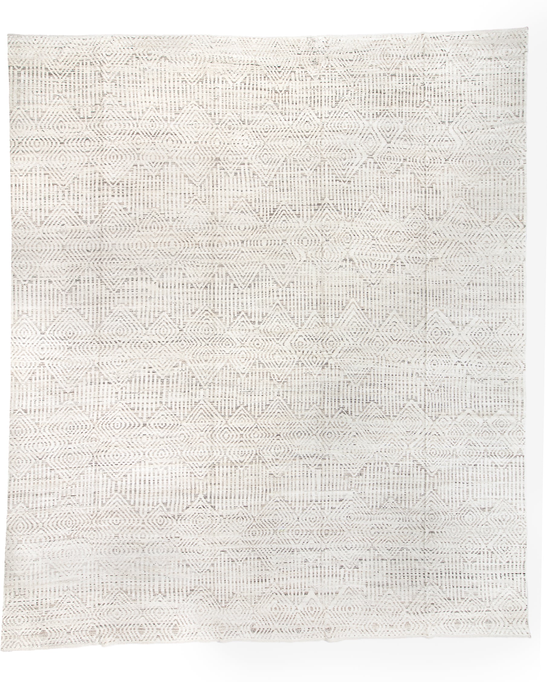 15' x 18' one-of-a-kind handmade vintage Tulu oversize rug. Color palette: ivory, cream, beige, taupe, gray