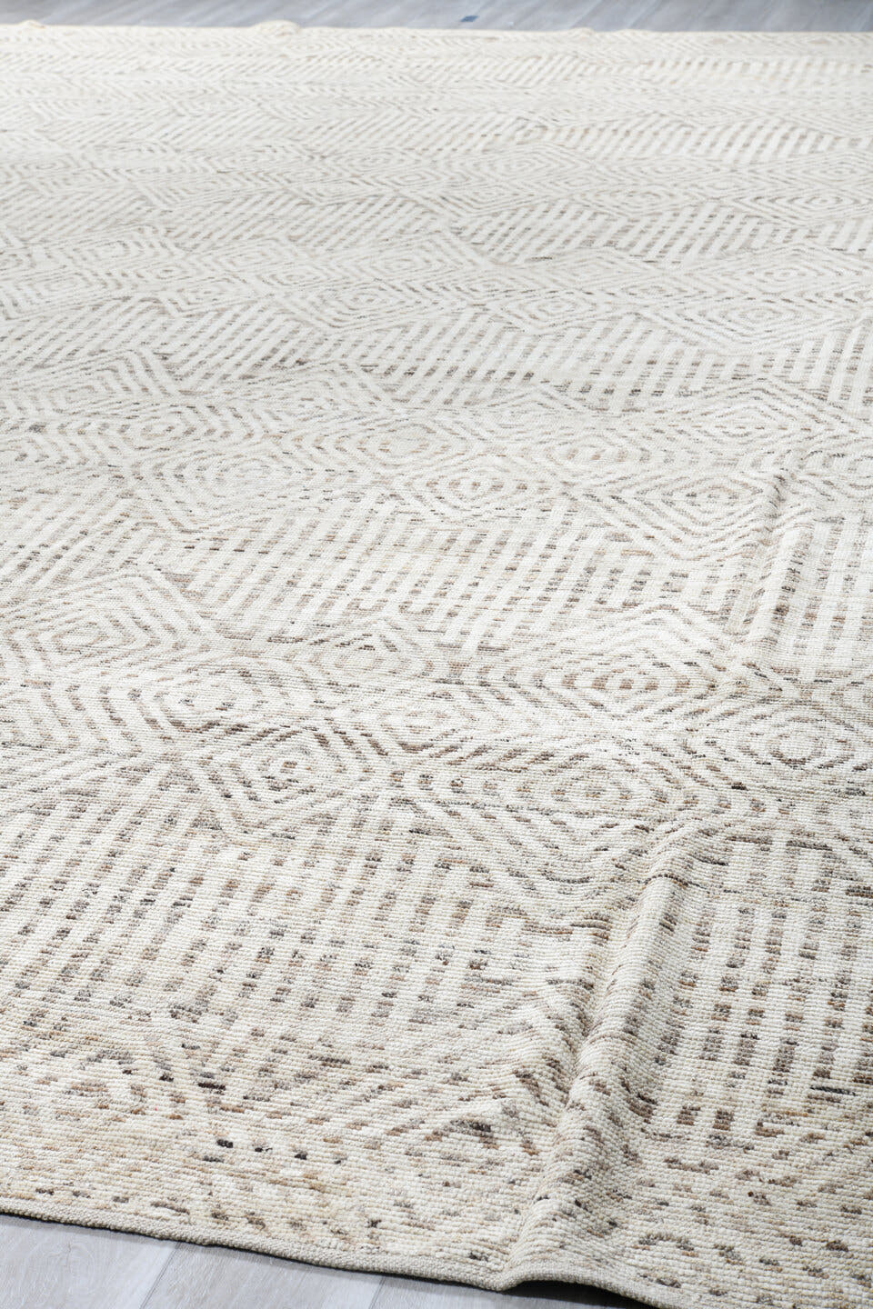15' x 18' one-of-a-kind handmade vintage Tulu oversize rug. Color palette: ivory, cream, beige, taupe, gray