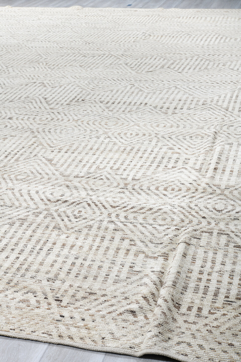 15' x 18' one-of-a-kind handmade vintage Tulu oversize rug. Color palette: ivory, cream, beige, taupe, gray