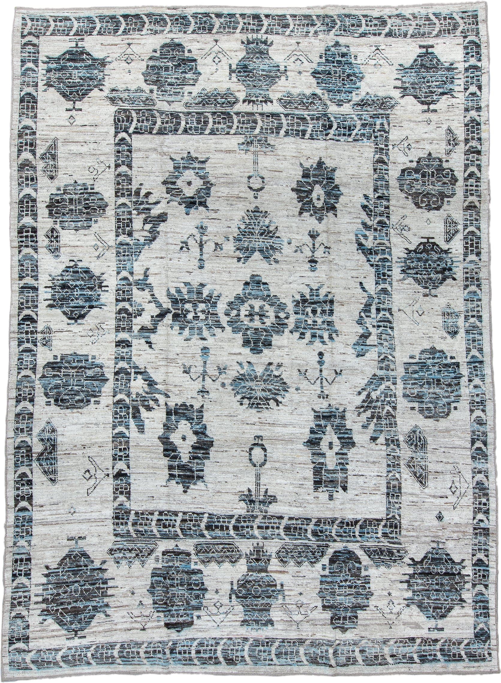 9' x 13' one-of-a-kind handmade vintage Tulu large size rug. Color palette: ivory, charcoal, pale blue, slate, cream, gray