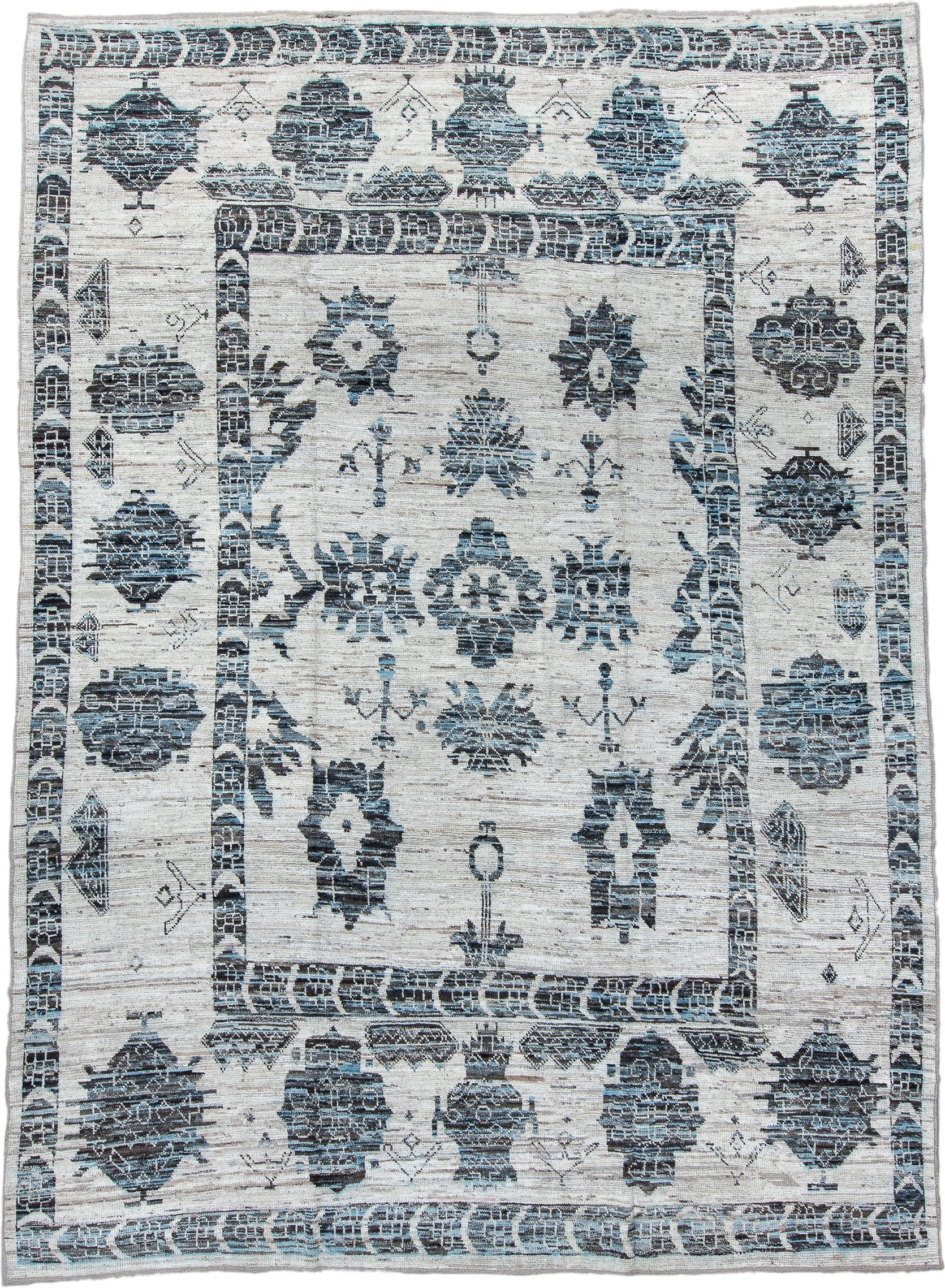9' x 13' one-of-a-kind handmade vintage Tulu large size rug. Color palette: ivory, charcoal, pale blue, slate, cream, gray