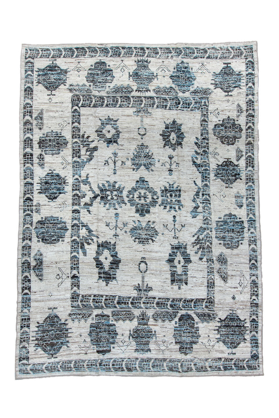 9' x 13' one-of-a-kind handmade vintage Tulu large size rug. Color palette: black, blue, charcoal, dark gray, dim gray