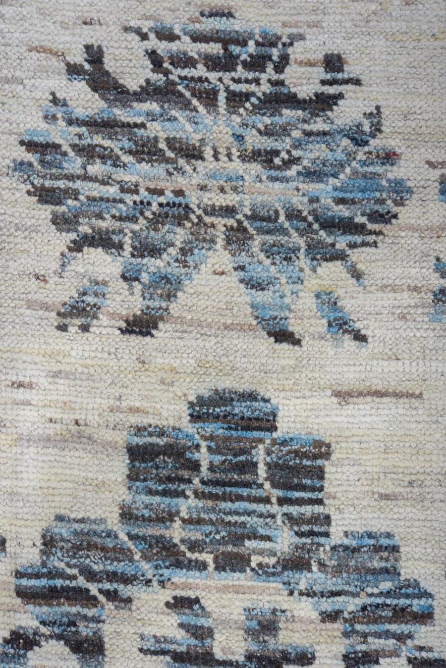 9' x 13' one-of-a-kind handmade vintage Tulu large size rug. Color palette: ivory, charcoal, pale blue, slate, cream, gray