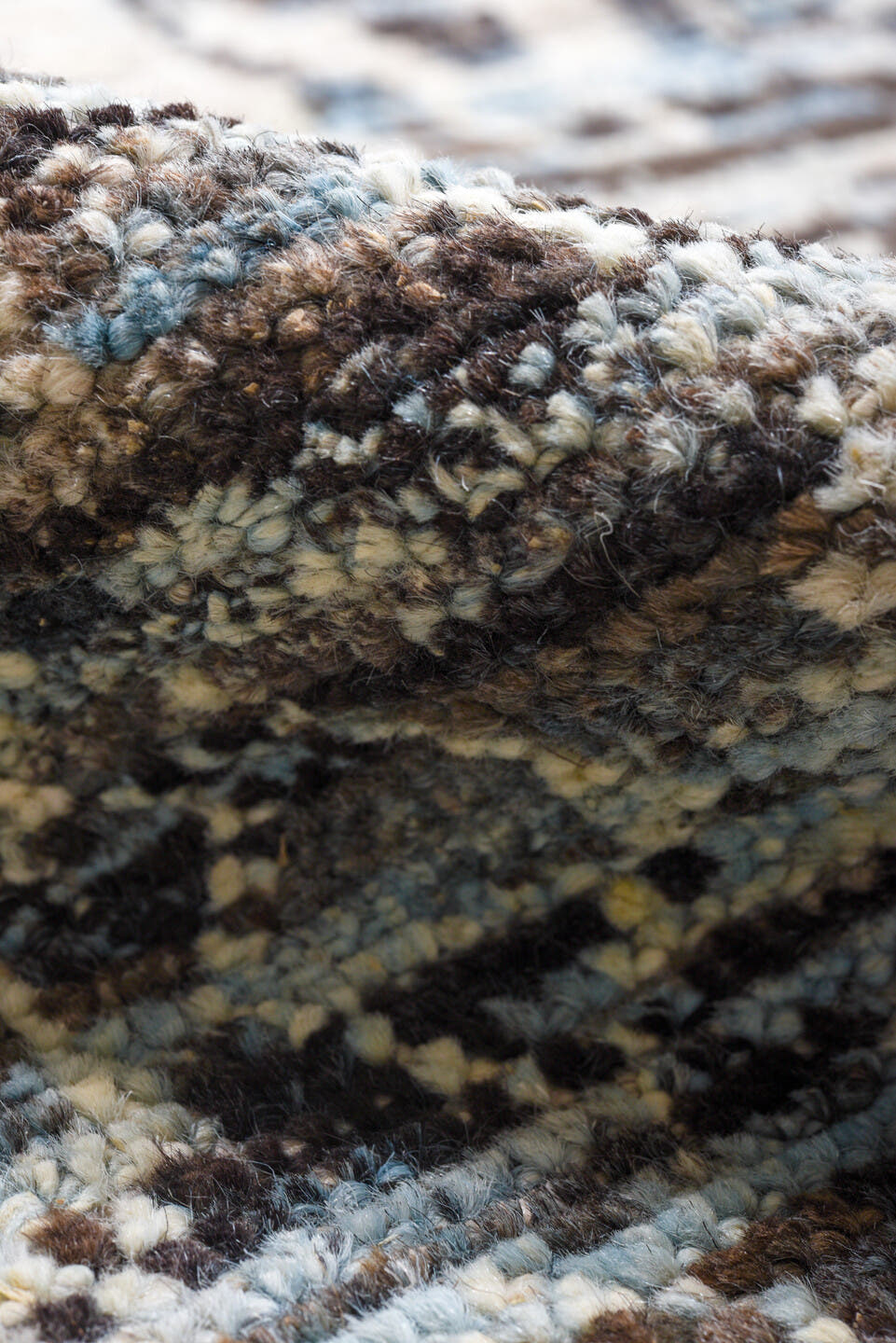 9' x 13' one-of-a-kind handmade vintage Tulu large size rug. Color palette: ivory, charcoal, pale blue, slate, cream, gray