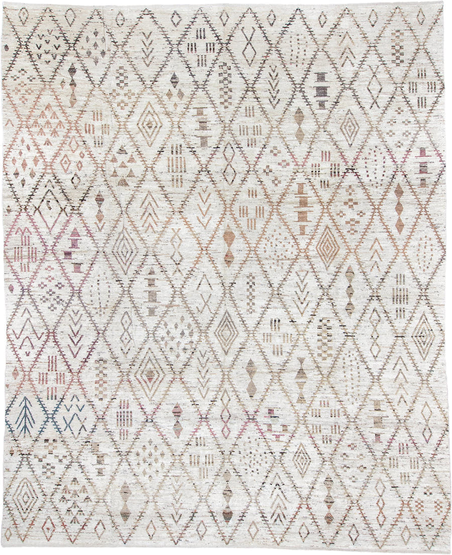 13' x 16' one-of-a-kind handmade vintage Tulu oversize rug. Color palette: ivory, taupe, beige, blush, rose, sage, charcoal