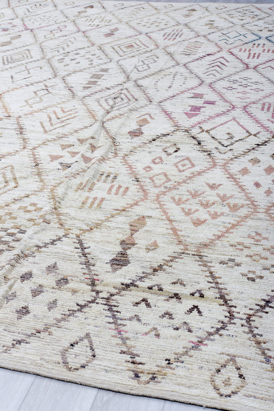 13' x 16' one-of-a-kind handmade vintage Tulu oversize rug. Color palette: ivory, taupe, beige, blush, rose, sage, charcoal