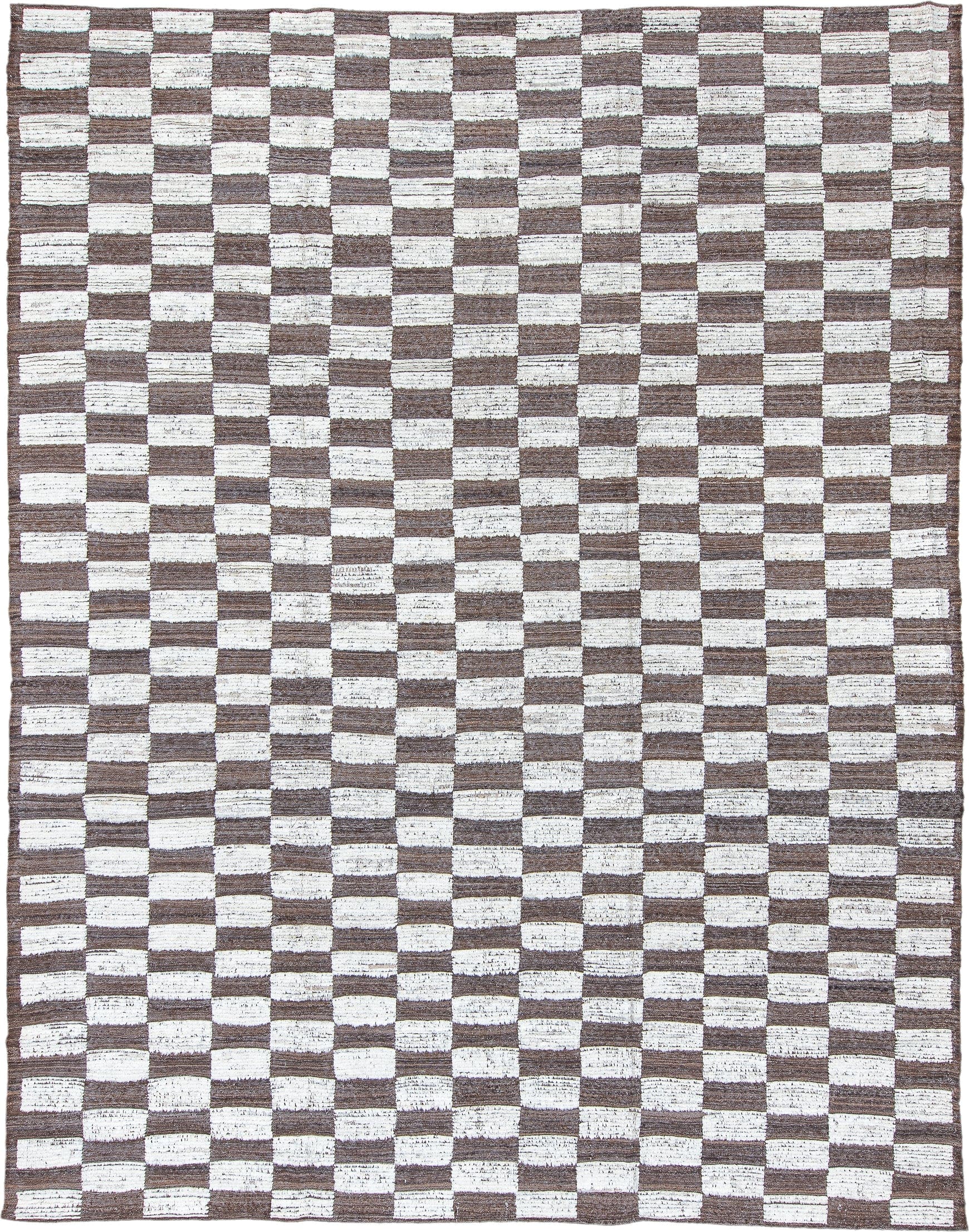 9' x 12' one-of-a-kind handmade vintage Tulu large size rug. Color palette: taupe, ivory, brown, beige, gray