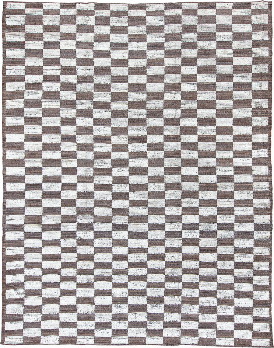 9' x 12' one-of-a-kind handmade vintage Tulu large size rug. Color palette: taupe, ivory, brown, beige, gray
