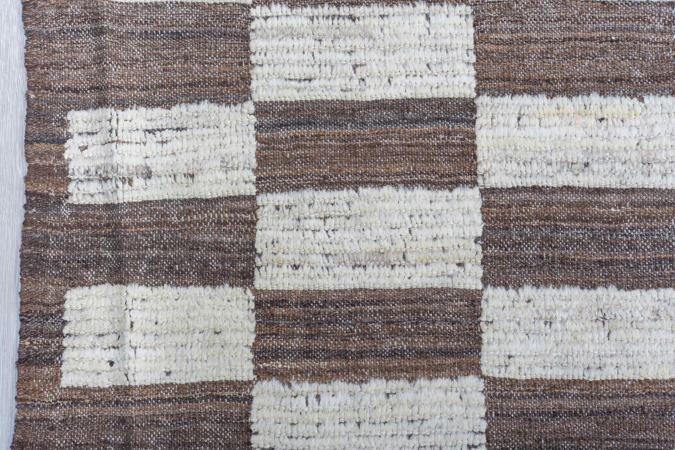 9' x 12' one-of-a-kind handmade vintage Tulu large size rug. Color palette: taupe, ivory, brown, beige, gray