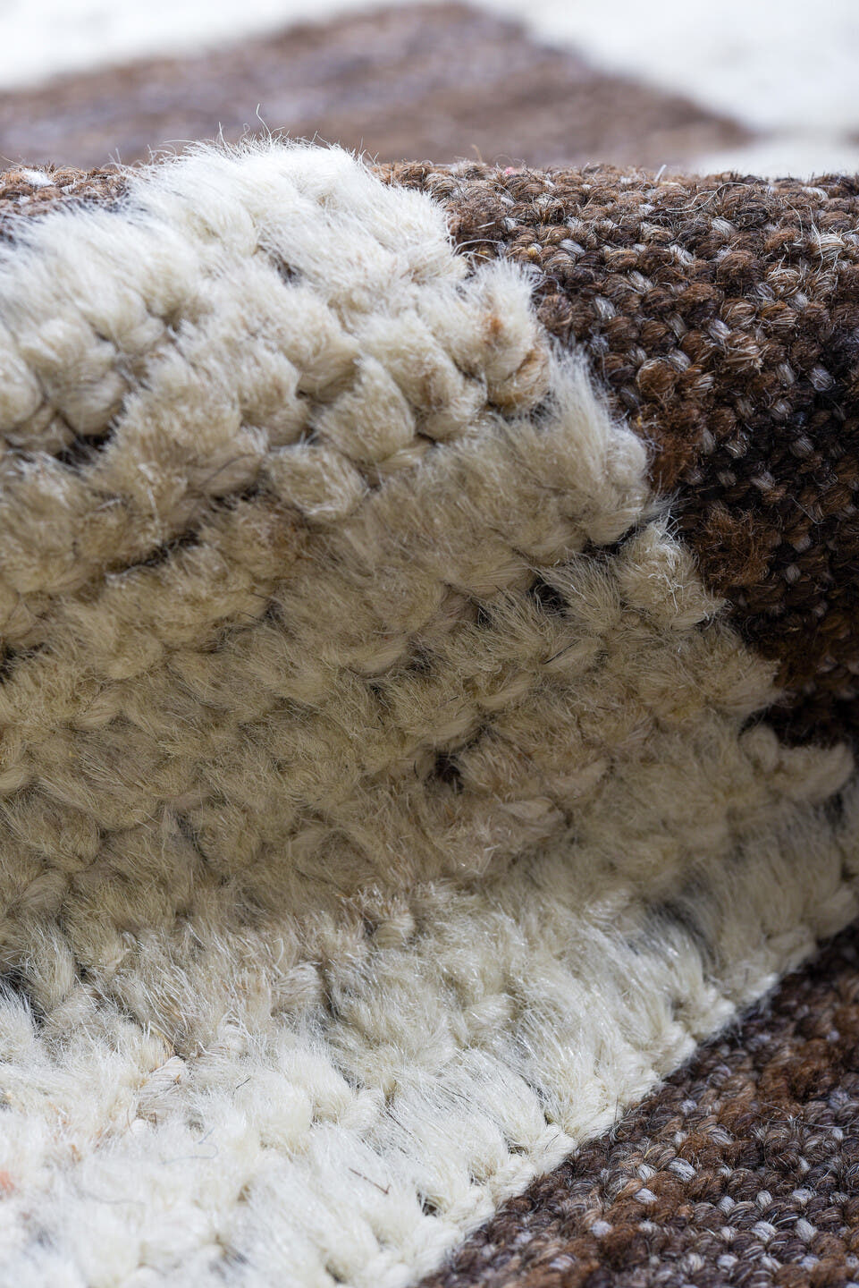 9' x 12' one-of-a-kind handmade vintage Tulu large size rug. Color palette: taupe, ivory, brown, beige, gray