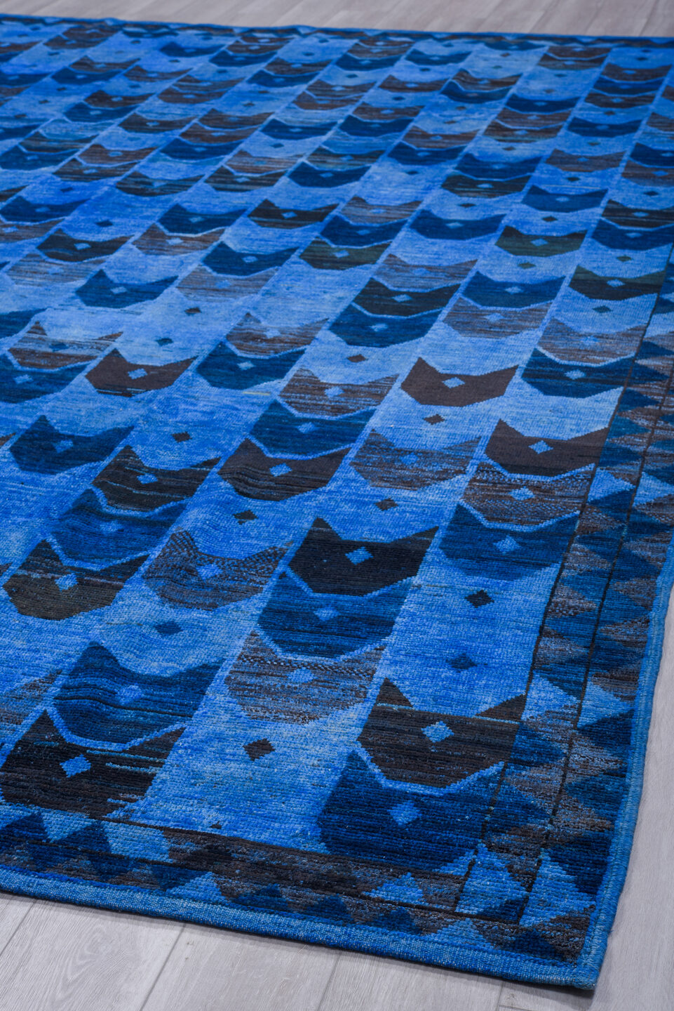 10' x 14' one-of-a-kind handmade vintage Tulu large size rug. Color palette: indigo, sky blue, navy, cobalt, slate, charcoal