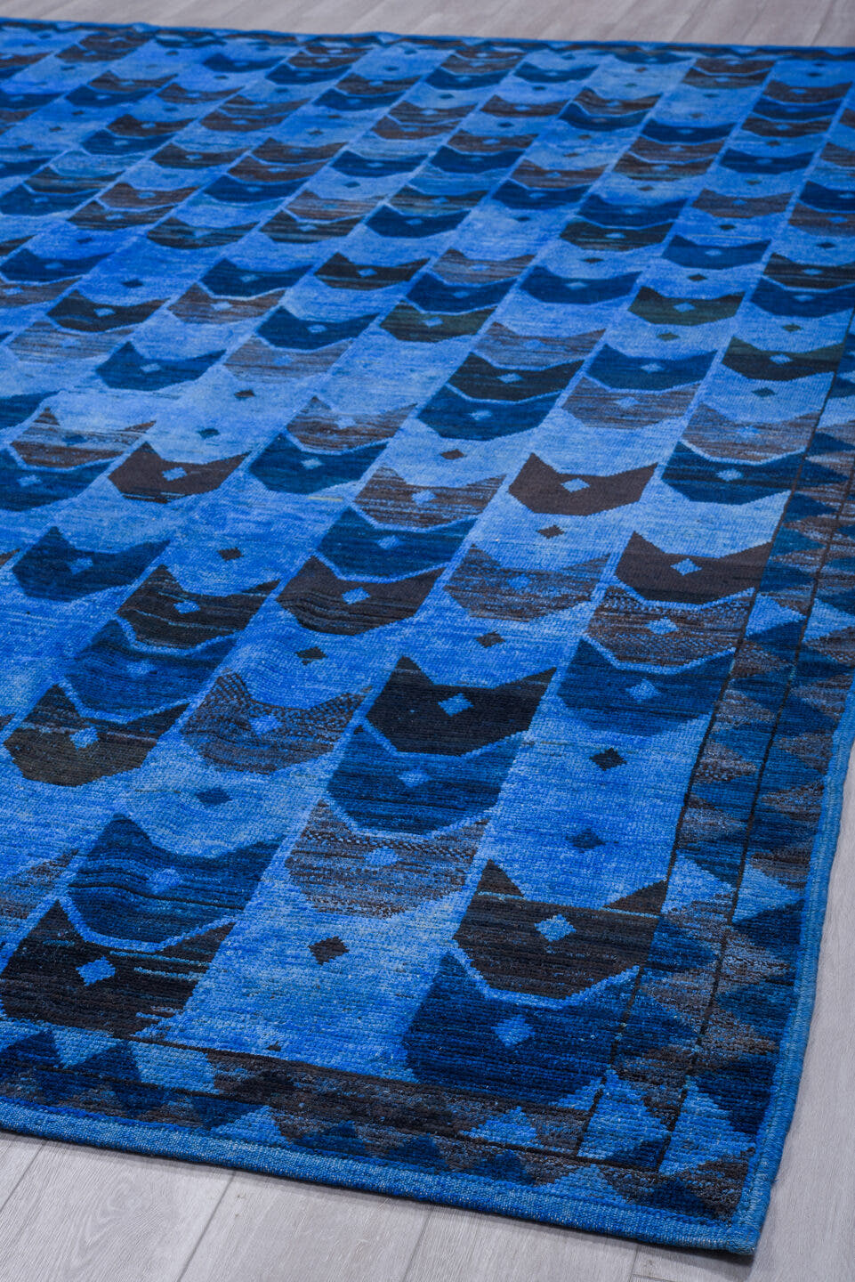 10' x 14' one-of-a-kind handmade vintage Tulu large size rug. Color palette: indigo, sky blue, navy, cobalt, slate, charcoal
