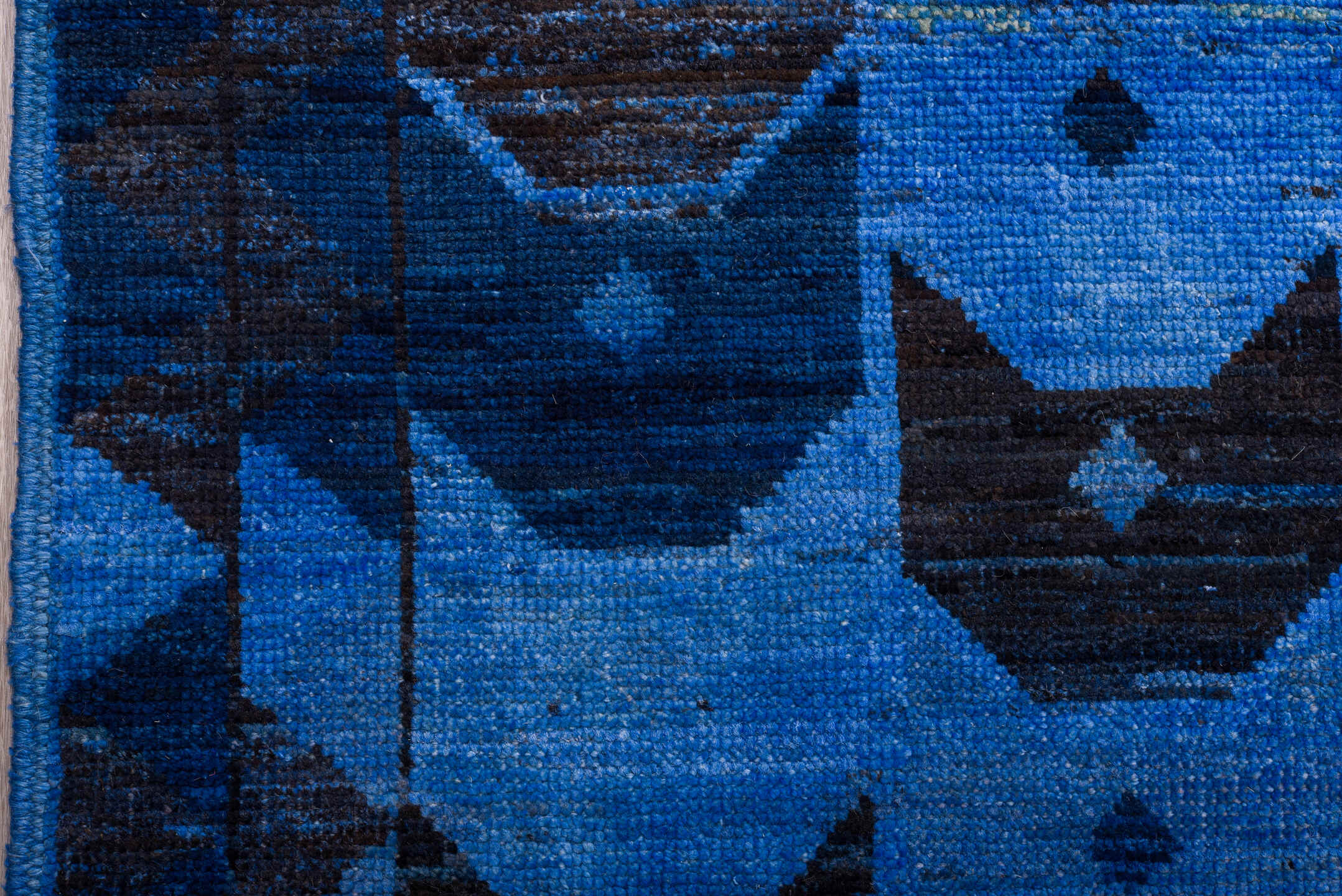 10' x 14' one-of-a-kind handmade vintage Tulu large size rug. Color palette: black, blue, gray, light blue, light gray