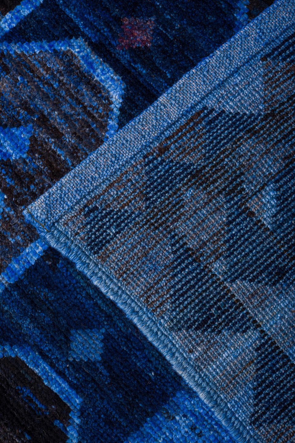 10' x 14' one-of-a-kind handmade vintage Tulu large size rug. Color palette: indigo, sky blue, navy, cobalt, slate, charcoal