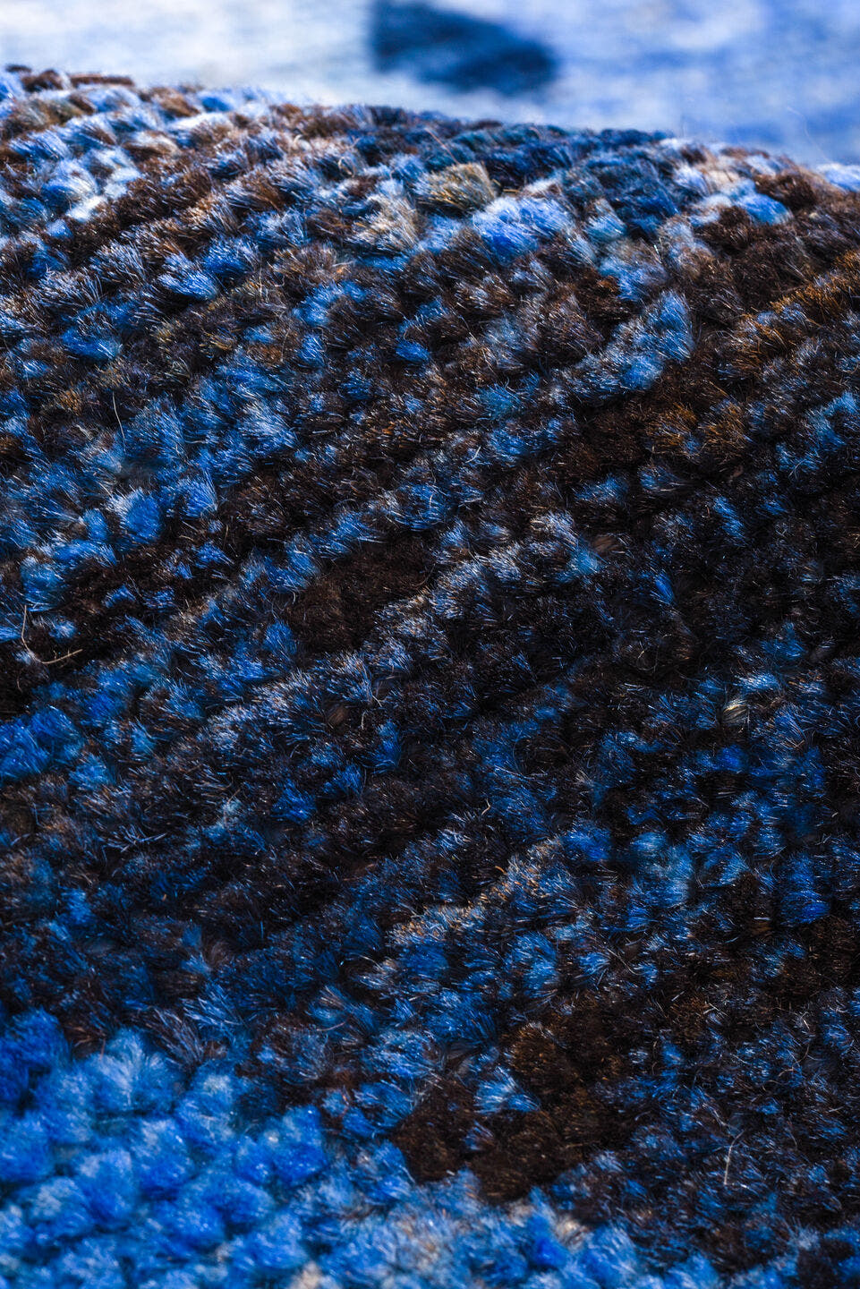 10' x 14' one-of-a-kind handmade vintage Tulu large size rug. Color palette: indigo, sky blue, navy, cobalt, slate, charcoal