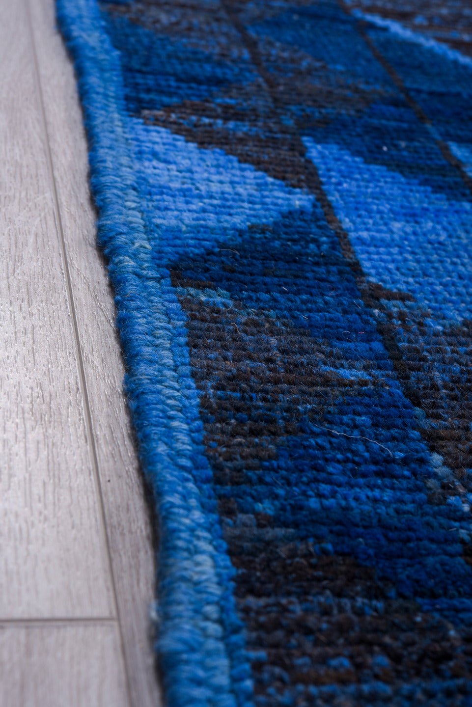 10' x 14' one-of-a-kind handmade vintage Tulu large size rug. Color palette: black, blue, gray, light blue, light gray