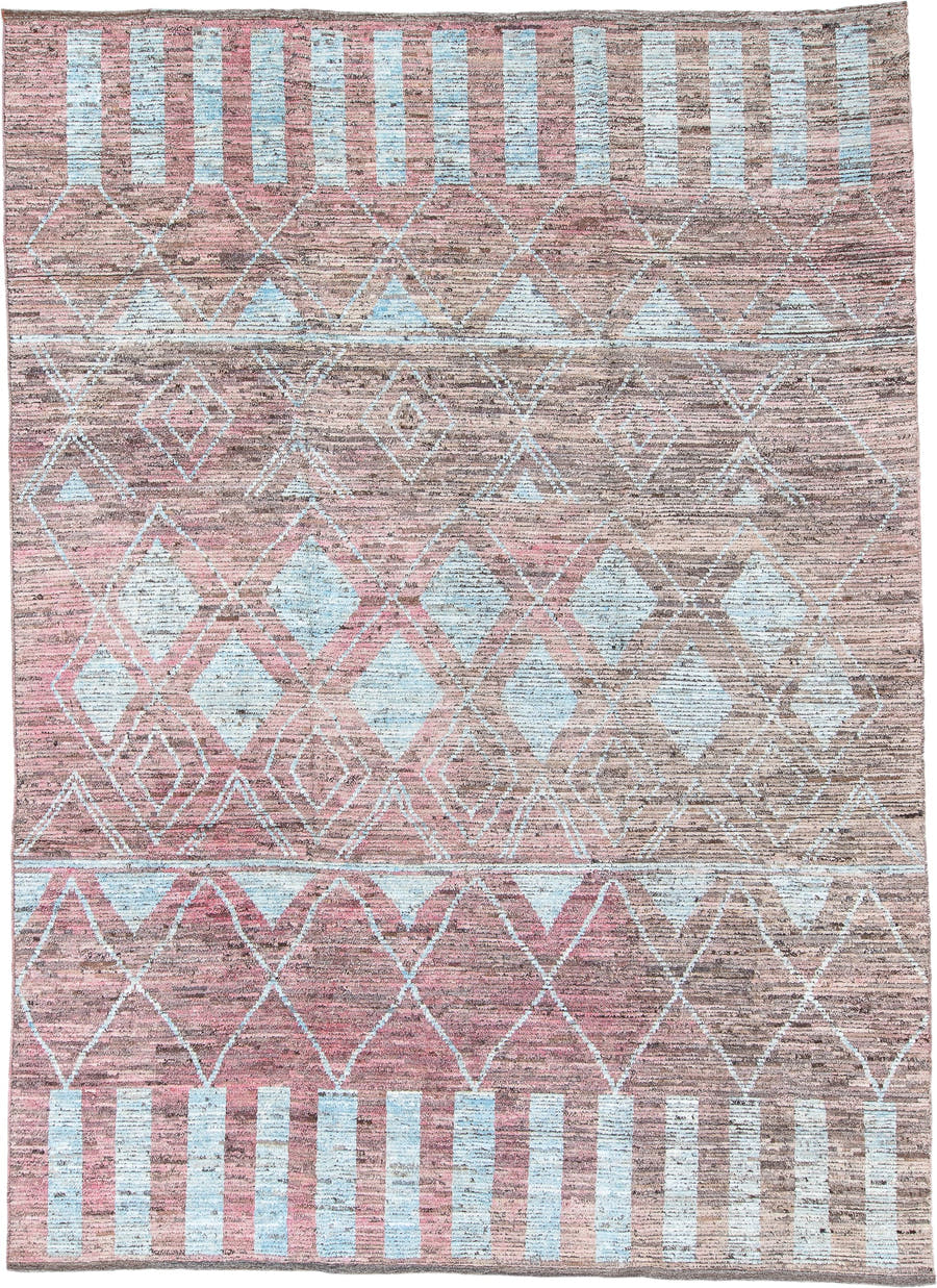 10' x 13' one-of-a-kind handmade vintage Tulu large size rug. Color palette: rose, taupe, ivory, dusty pink, camel, brown