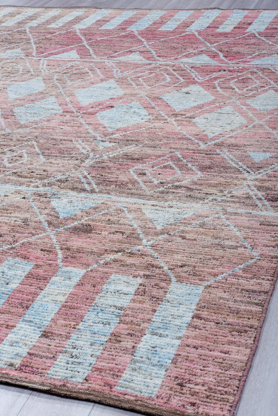10' x 13' one-of-a-kind handmade vintage Tulu large size rug. Color palette: rose, taupe, ivory, dusty pink, camel, brown