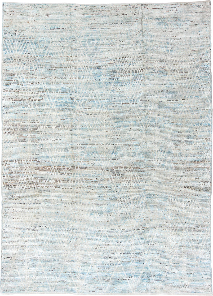 9' x 13' one-of-a-kind handmade vintage Tulu large size rug. Color palette: ivory, pale blue, taupe, light gray, light blue