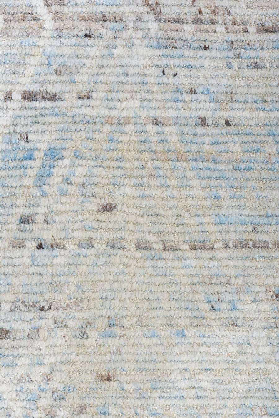 9' x 13' one-of-a-kind handmade vintage Tulu large size rug. Color palette: ivory, pale blue, taupe, light gray, light blue