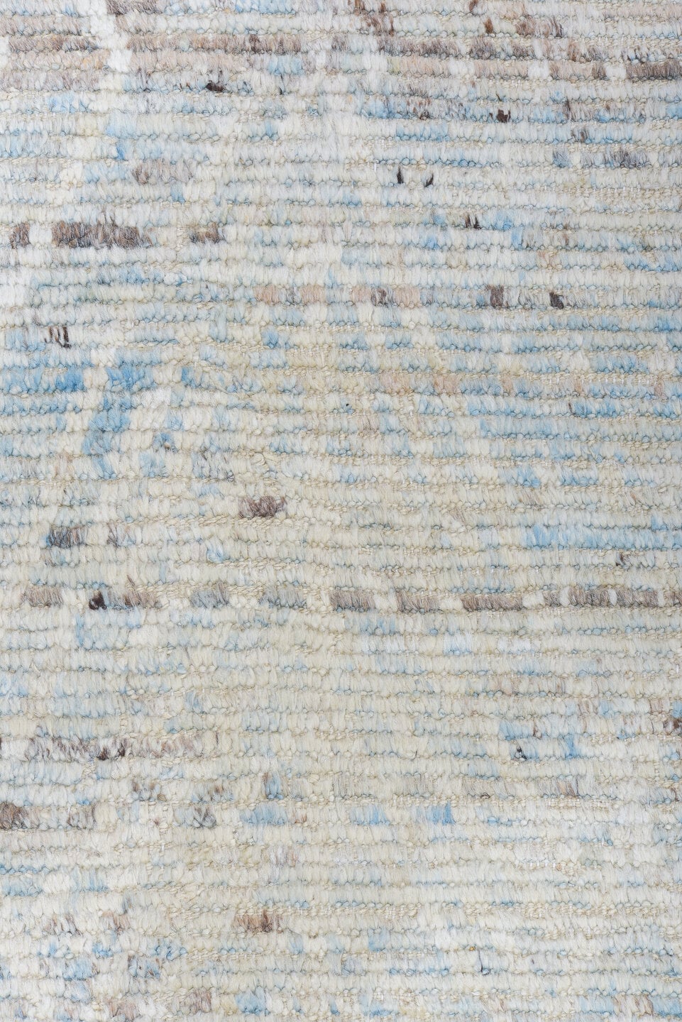 9' x 13' one-of-a-kind handmade vintage Tulu large size rug. Color palette: ivory, pale blue, taupe, light gray, light blue