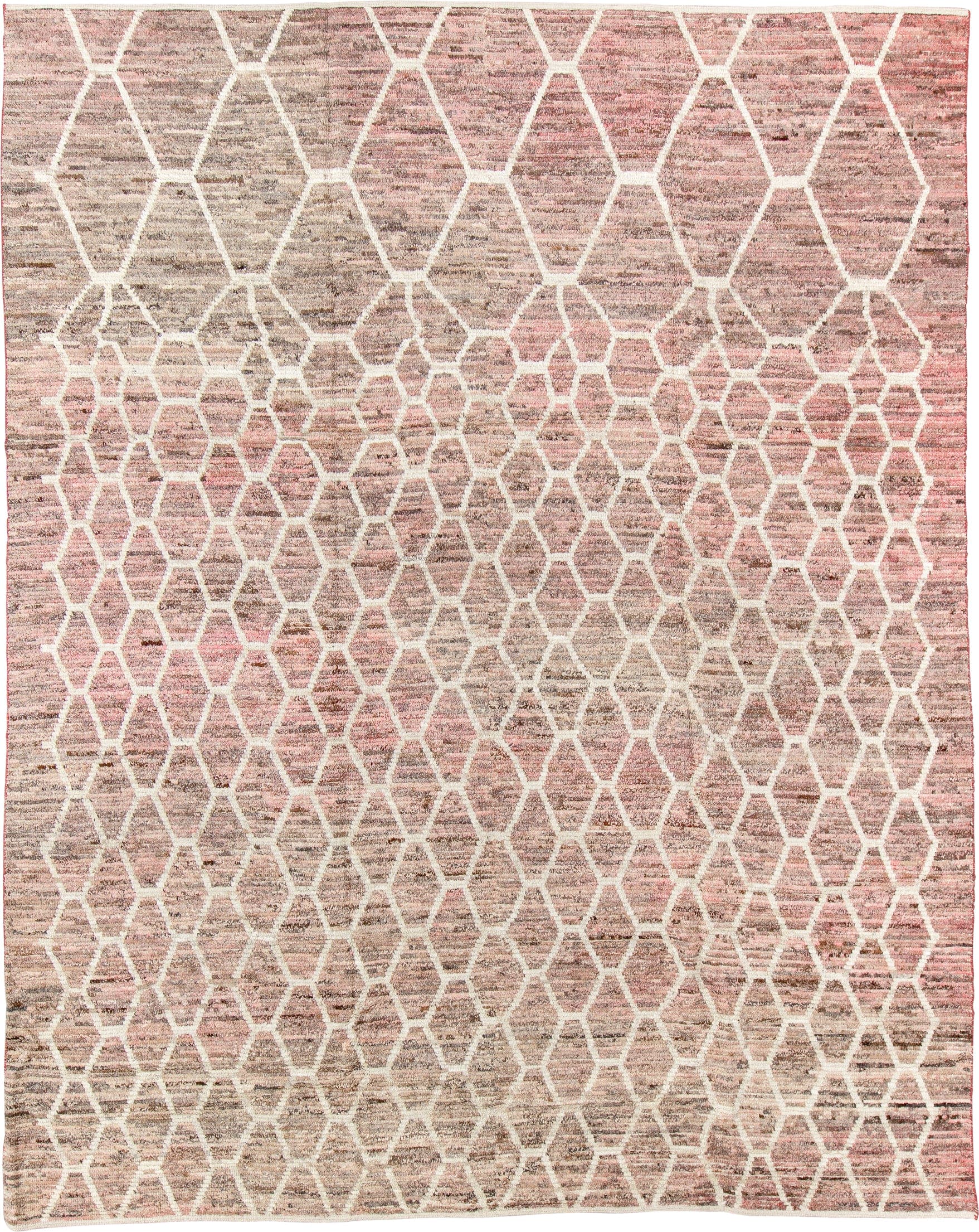 9' x 11' one-of-a-kind handmade vintage Tulu large size rug. Color palette: blush, taupe, ivory, rose, beige, pink, gray