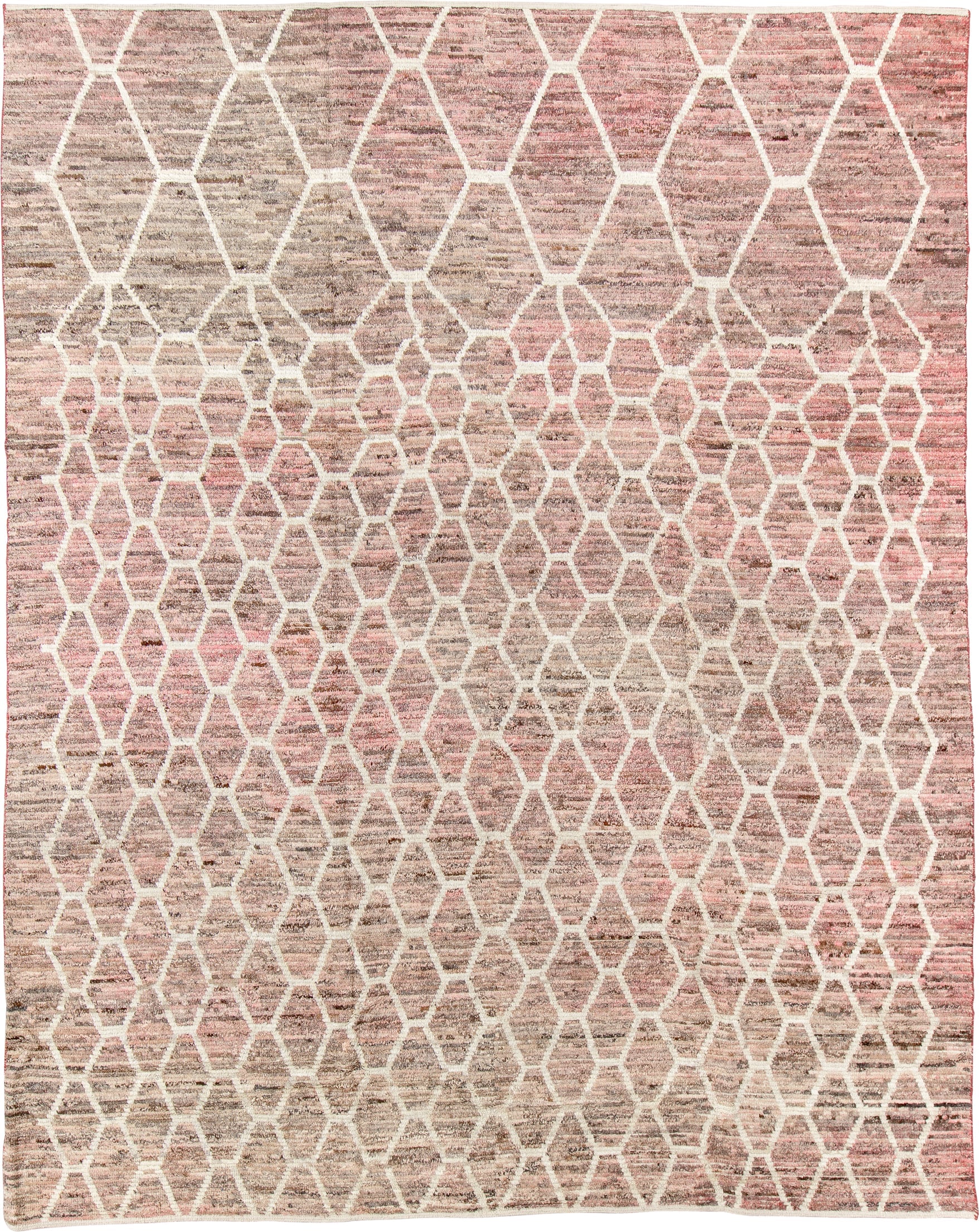 9' x 11' one-of-a-kind handmade vintage Tulu large size rug. Color palette: blush, taupe, ivory, rose, beige, pink, gray