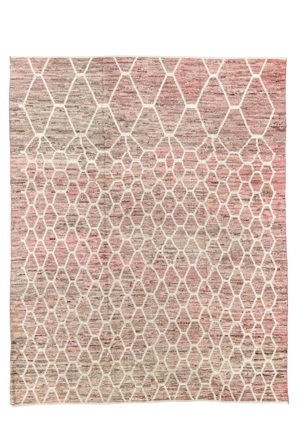 9' x 11' one-of-a-kind handmade vintage Tulu large size rug. Color palette: black, brown, gray, light gray, off-white, pink