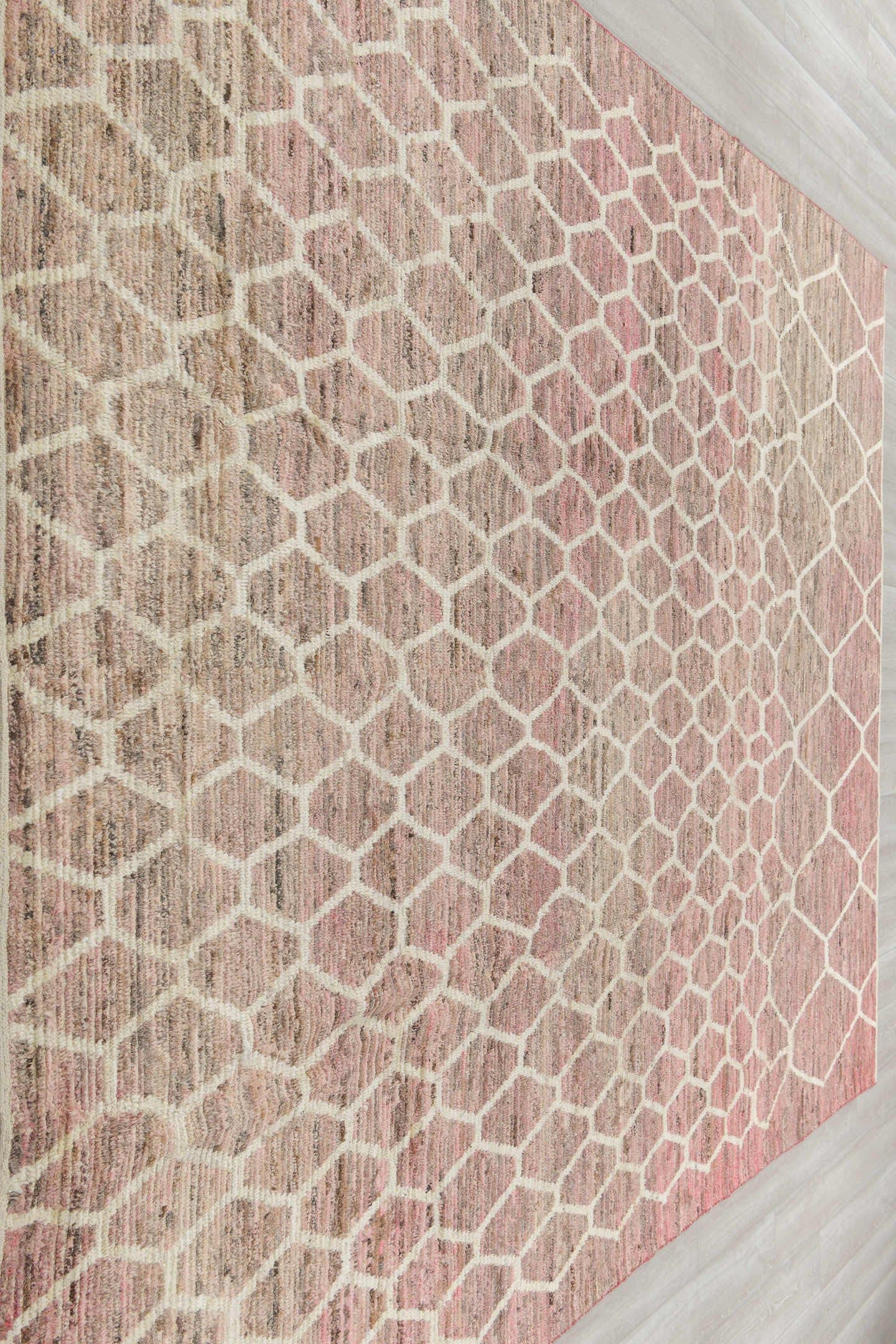 9' x 11' one-of-a-kind handmade vintage Tulu large size rug. Color palette: blush, taupe, ivory, rose, beige, pink, gray
