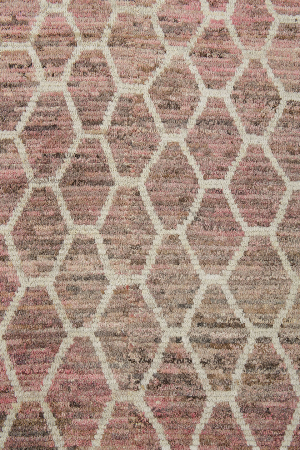 9' x 11' one-of-a-kind handmade vintage Tulu large size rug. Color palette: blush, taupe, ivory, rose, beige, pink, gray