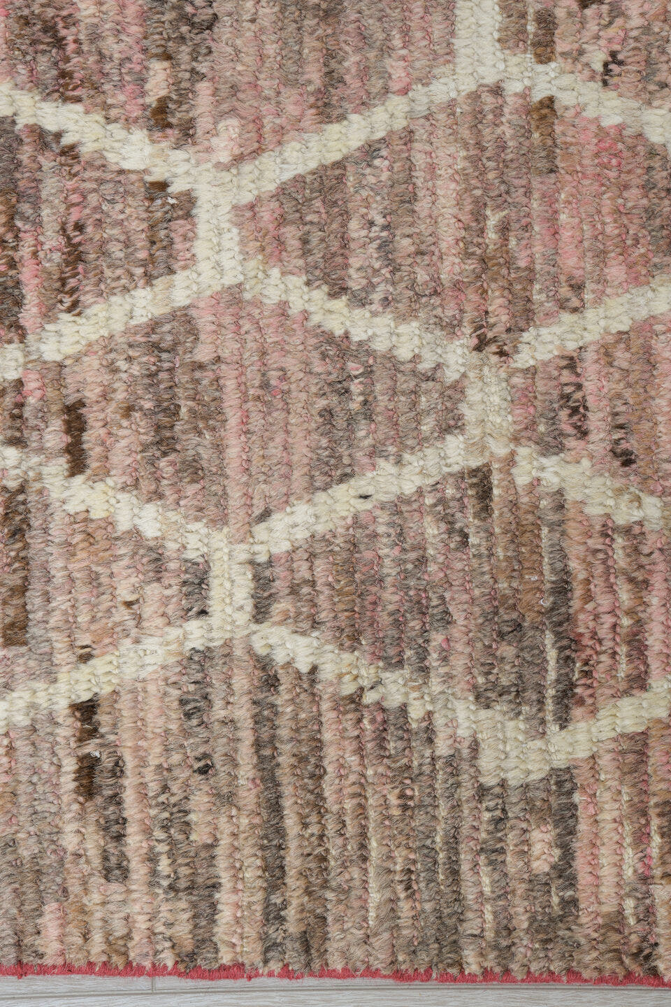 9' x 11' one-of-a-kind handmade vintage Tulu large size rug. Color palette: blush, taupe, ivory, rose, beige, pink, gray