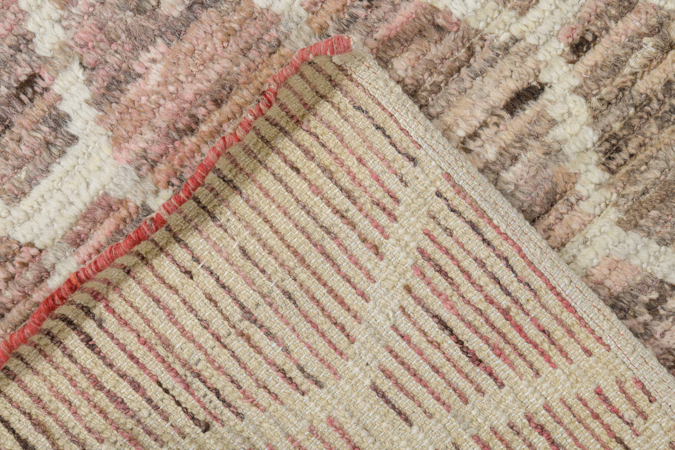 9' x 11' one-of-a-kind handmade vintage Tulu large size rug. Color palette: blush, taupe, ivory, rose, beige, pink, gray