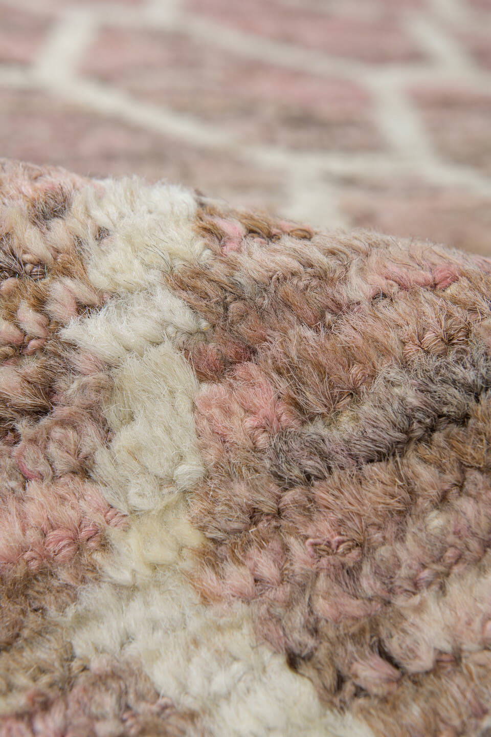 9' x 11' one-of-a-kind handmade vintage Tulu large size rug. Color palette: blush, taupe, ivory, rose, beige, pink, gray