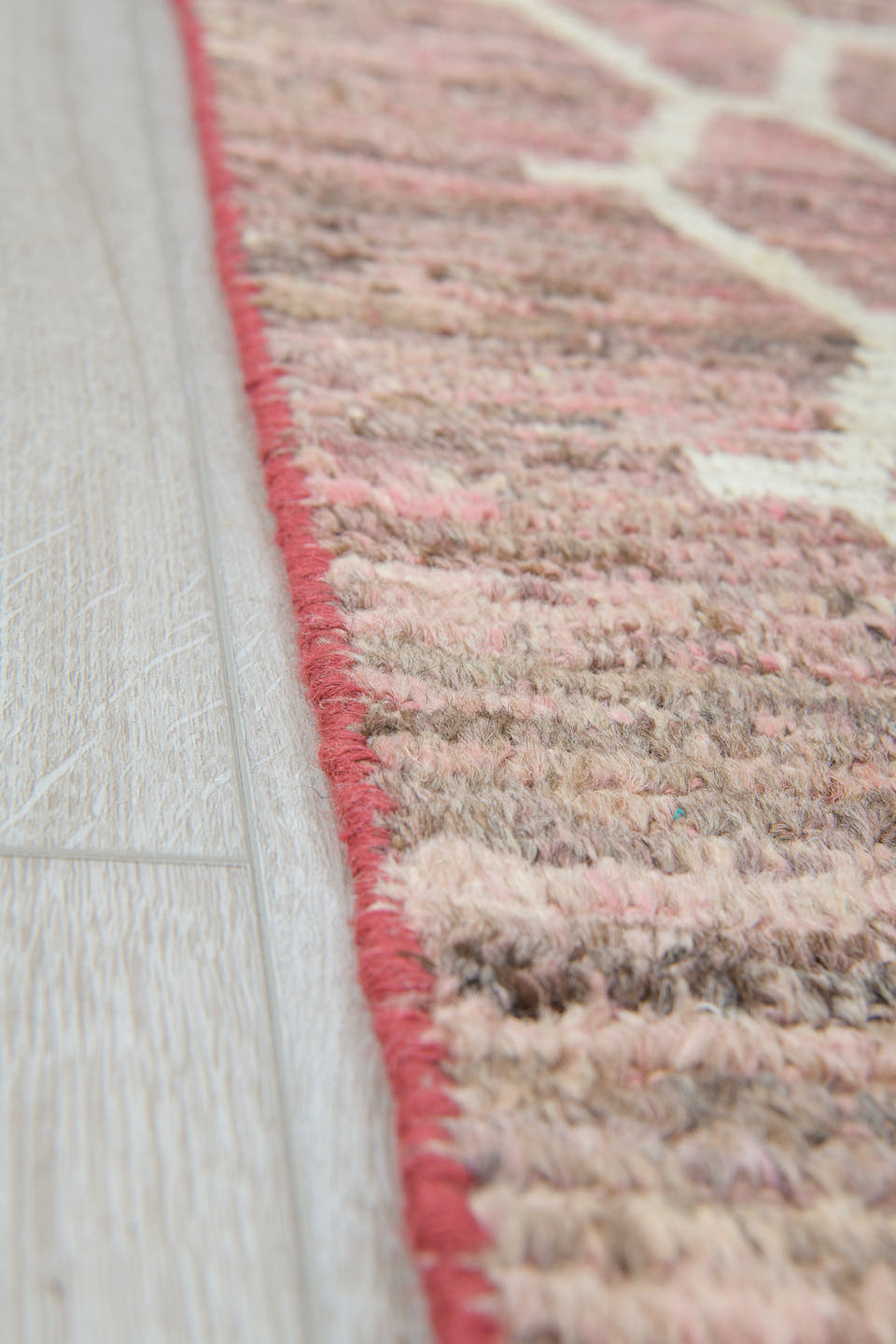9' x 11' one-of-a-kind handmade vintage Tulu large size rug. Color palette: blush, taupe, ivory, rose, beige, pink, gray