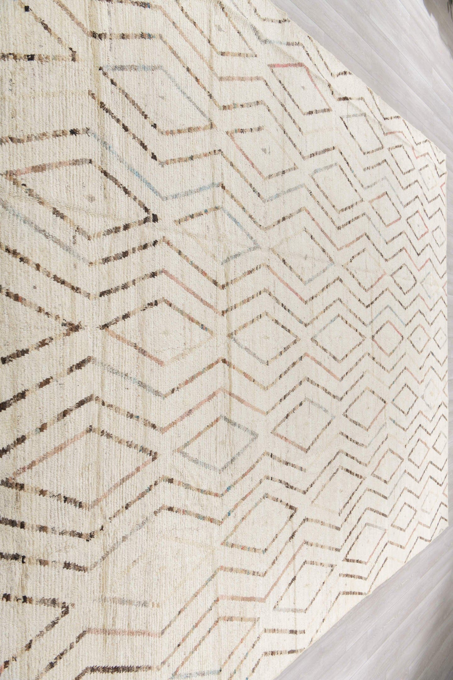 10' x 13' one-of-a-kind handmade vintage Tulu large size rug. Color palette: ivory, brown, taupe, pale blue, blush, cream