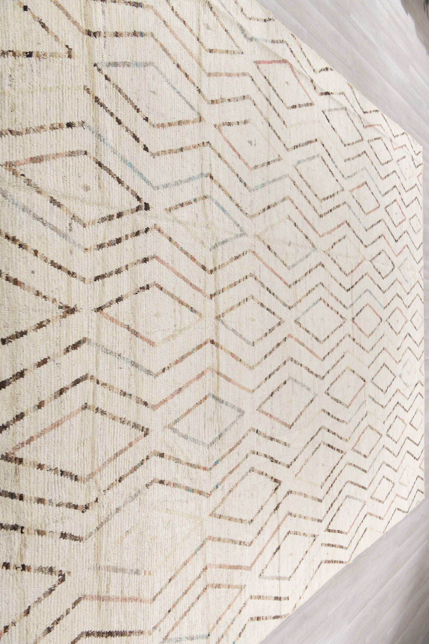 10' x 13' one-of-a-kind handmade vintage Tulu large size rug. Color palette: ivory, brown, taupe, pale blue, blush, cream