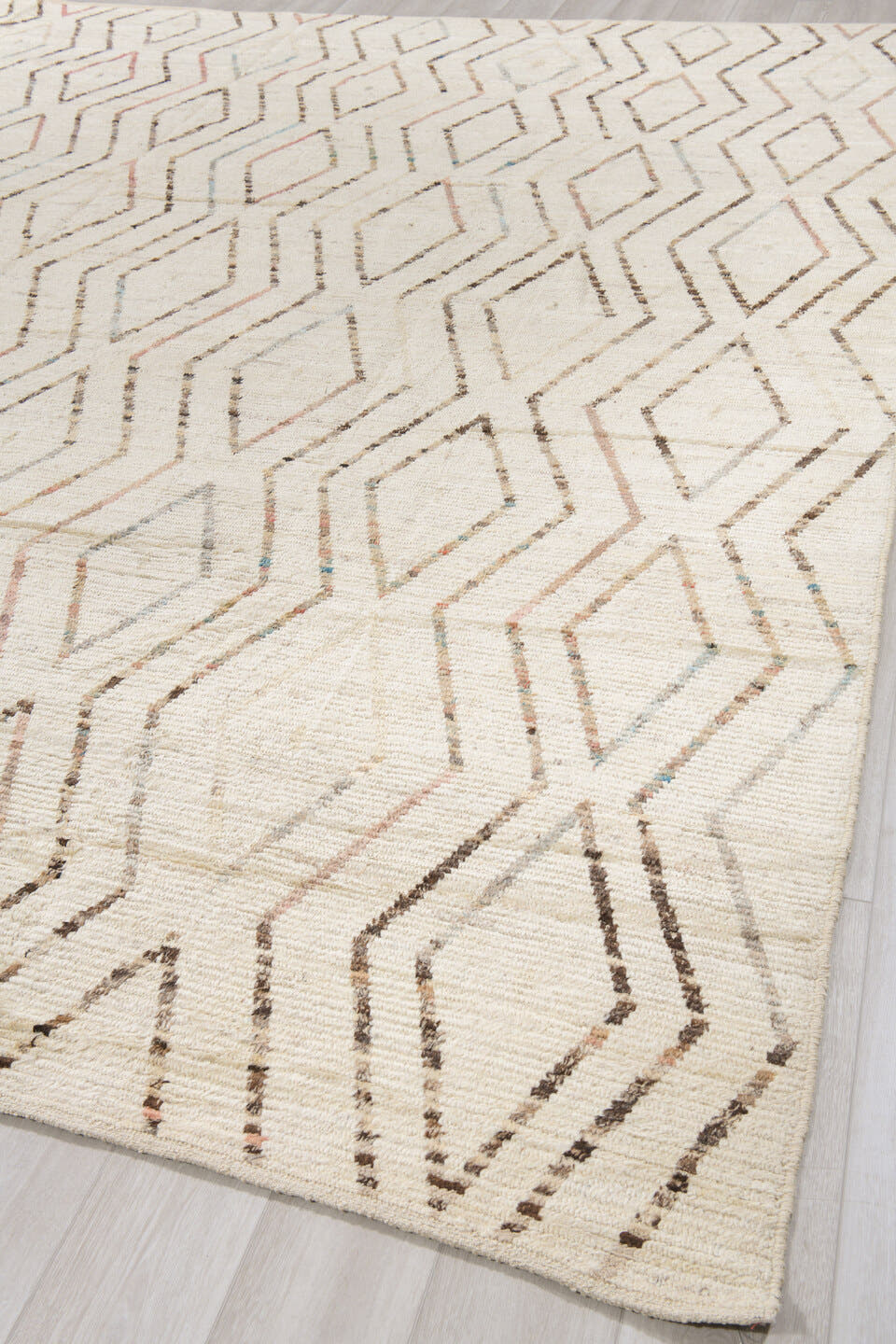 10' x 13' one-of-a-kind handmade vintage Tulu large size rug. Color palette: ivory, brown, taupe, pale blue, blush, cream