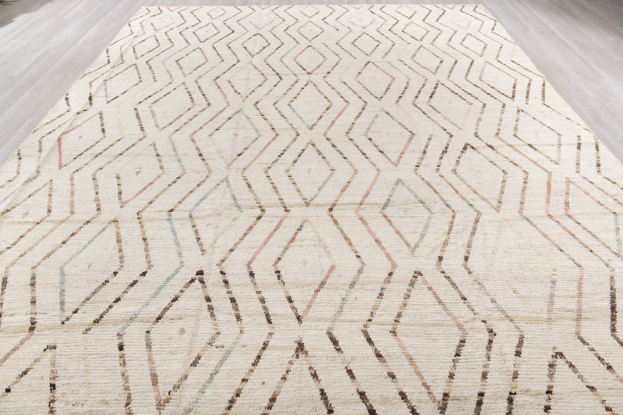 10' x 13' one-of-a-kind handmade vintage Tulu large size rug. Color palette: beige, brown, dark gray, gray, light gray