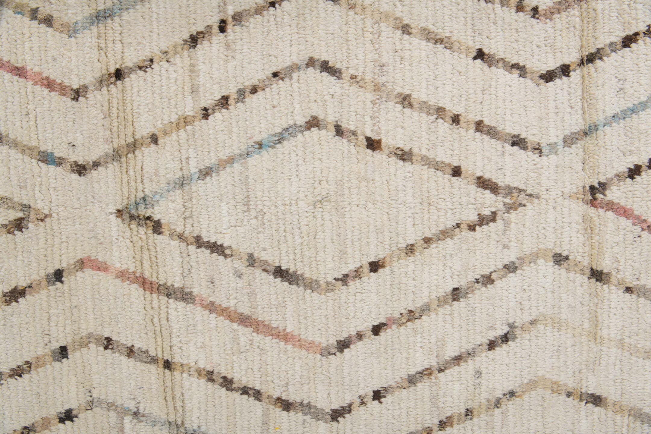 10' x 13' one-of-a-kind handmade vintage Tulu large size rug. Color palette: ivory, brown, taupe, pale blue, blush, cream